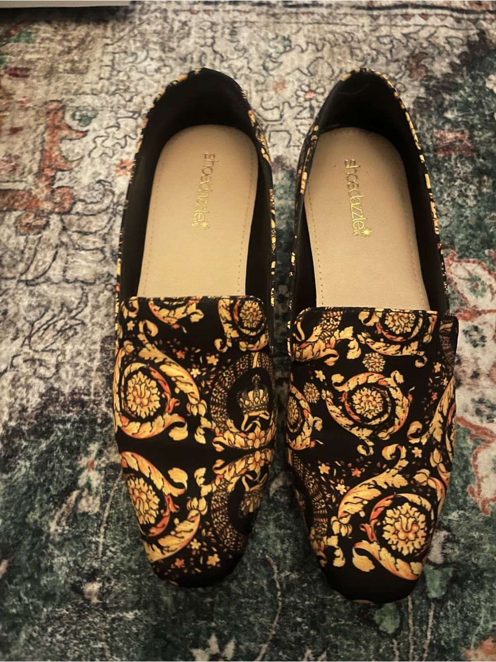 Black Loafers with Gold Baroque Print